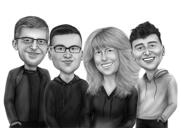 Преувеличенная карикатура на четырех человек в черно-белом стиле из фотографий