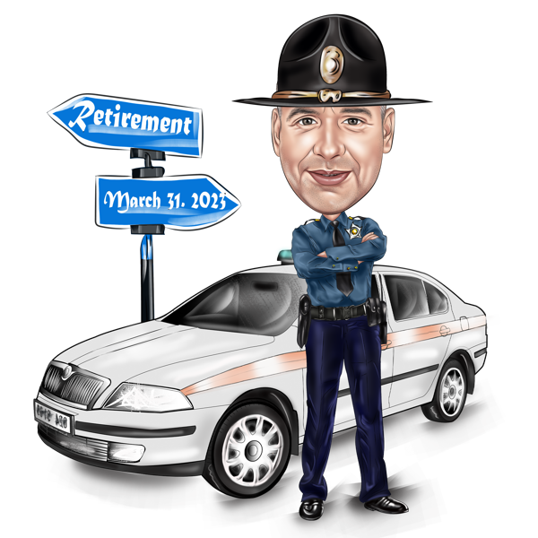 Gåva till pensionär: Polis med polisbilskarikatyr