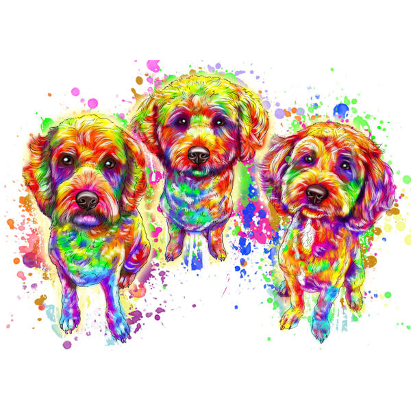 Drei Hunde-Gruppenporträt-Karikatur in Regenbogen-Aquarellen, Ganzkörpertyp