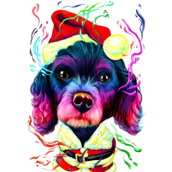 Christmas Spaniel Dog Caricature Portrait from Photos in Watercolor Style for Gift