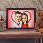 Caricature de couple romantique sur affiche avec coeur rouge