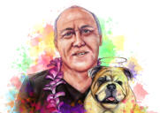 Astonishing Caricature Cartoon Portrait of Person with Pet in Natural Watercolors