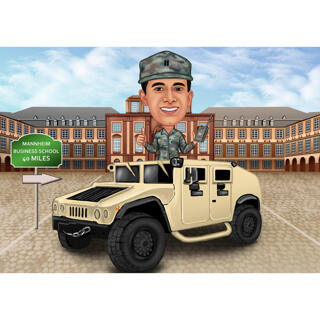 Military Person in Car Cartoon Drawing with Custom Background from Photo