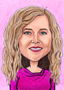 Laimīgas sievietes karikatūras portrets uz rozā fona, zīmēts no fotoattēliem
