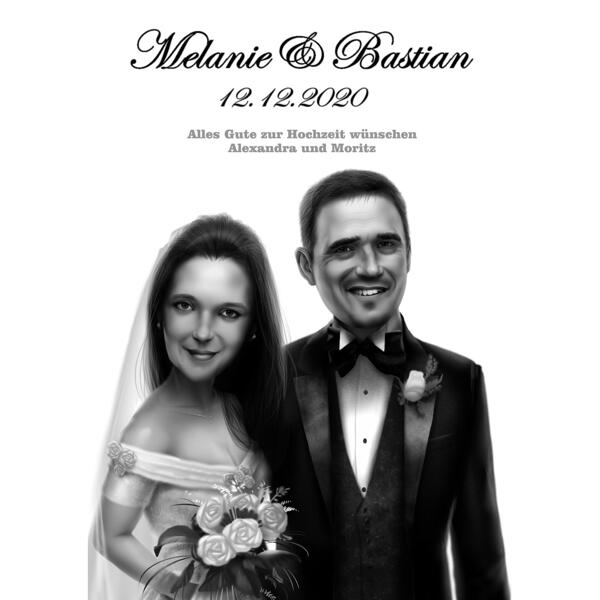 Retrato de desenho animado de convite de casamento de casal em estilo preto e branco de fotos