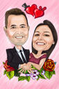 Karikatūras dāvana pārim ar ziedu rotājumiem uz krāsaina fona