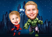 Aangepaste superhelden vader met baby karikatuur