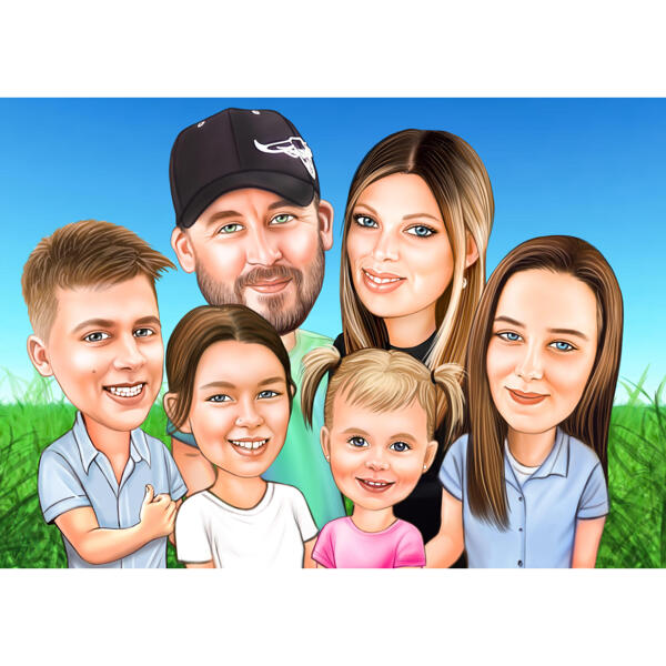 Six People Group Cartoon Drawing in Colored Style from Photos with Custom Background