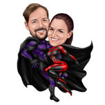 Karikatura létajícího páru jako superhrdinové