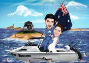 Par på båd med bryllupsslør