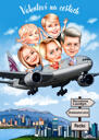 Ģimene lidmašīnā, karikatūras zīmējums no fotoattēliem