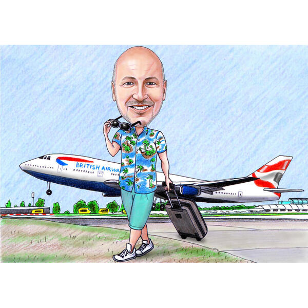 Karikatura osoby s letadlem v pozadí