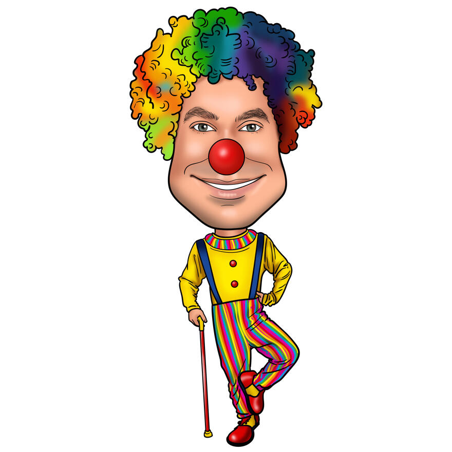 Full Body Colored Style Person in Circus Clown Costume Cartoon Drawing with  Custom Background