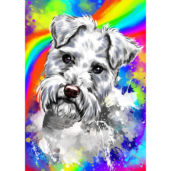 Desenho de retrato bonito do Fox Terrier de prata de foto com fundo abstrato do arco-íris
