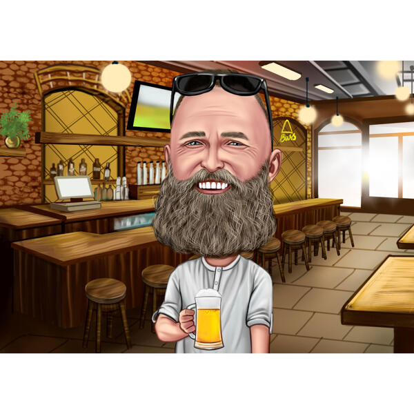 Osoba držící karikaturu piva v barevném stylu s pozadím hospody z fotografie