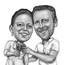 Couple Cartoon Portrait in Black and White Drawing Style