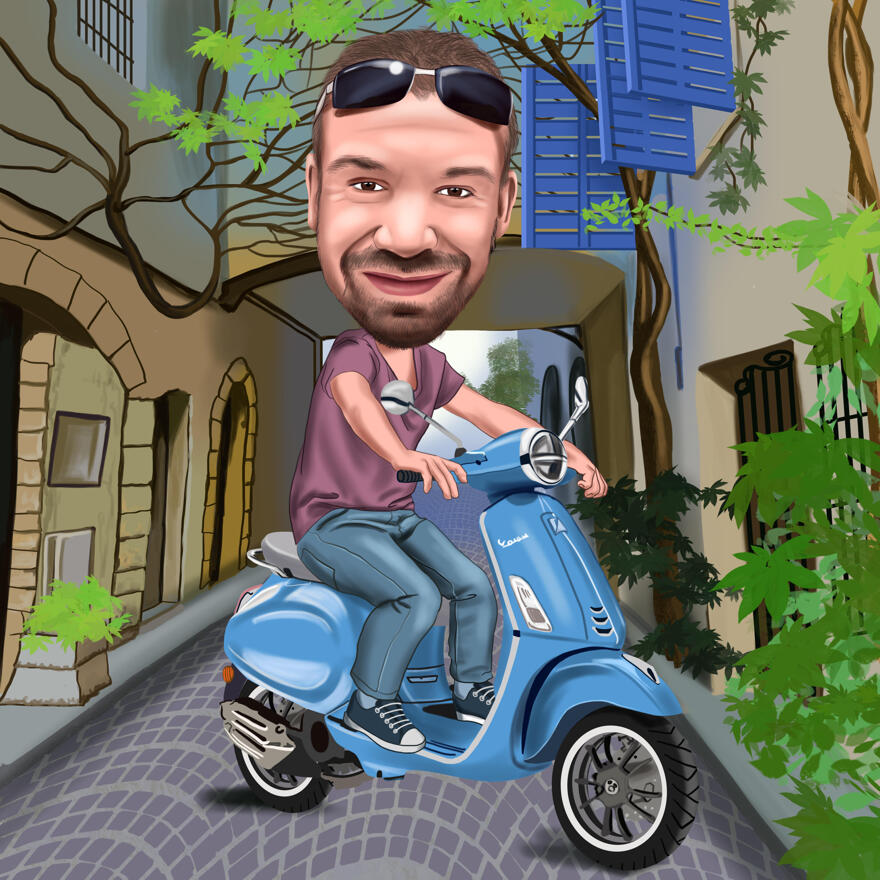 Motorbike Rider Caricature with Colored Background