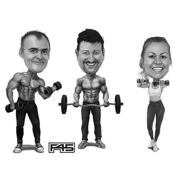 Caricature de groupe de musculation personnalisée dans un style noir et blanc à partir de photos