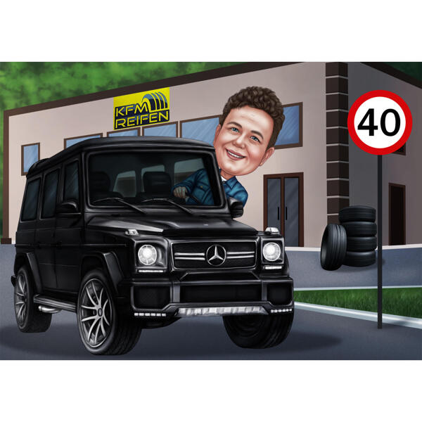 Caricature d'une personne dans une Mercedes comme cadeau personnalisé