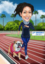 Full Body ägare med husdjur karikatyr porträtt med färgad bakgrund
