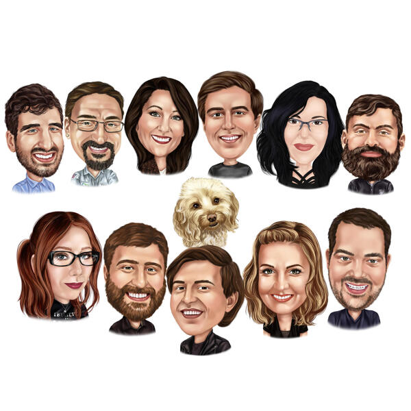 Caricatura personalizada em grupo com cachorro
