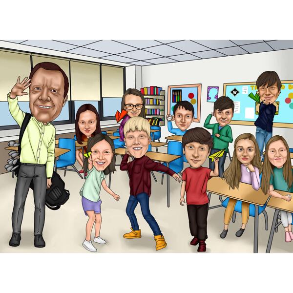 Caricature de classe scolaire avec professeur