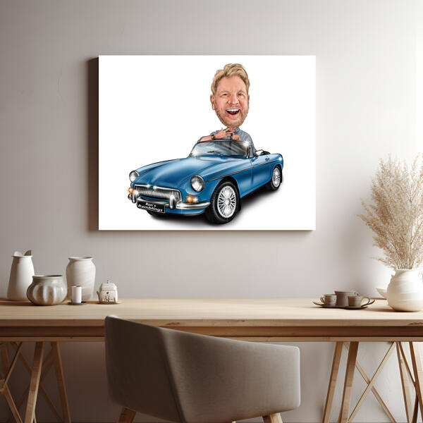 Caricature imprimée sur toile - Homme en voiture dessiné à la main à partir d'une photo