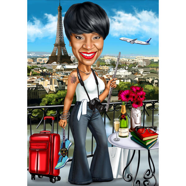 Caricatură de femeie de călătorie în stil color pe fundal personalizat din fotografie