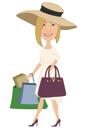 Shoppingtid - Kvinde med karikaturetasker fra fotos på brugerdefineret baggrund