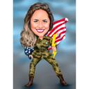 Pilna ķermeņa militāra sieviešu karikatūra ar karogu