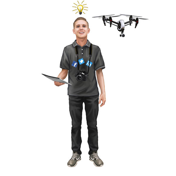 Person Drone Operator Cartoon Portrait in Full Body Type from Photo