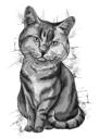 Graphite Cat Portrait in Full Body, Watercolor Style