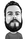 Caricatura de hombre con barba de una foto en un divertido estilo exagerado en blanco y negro