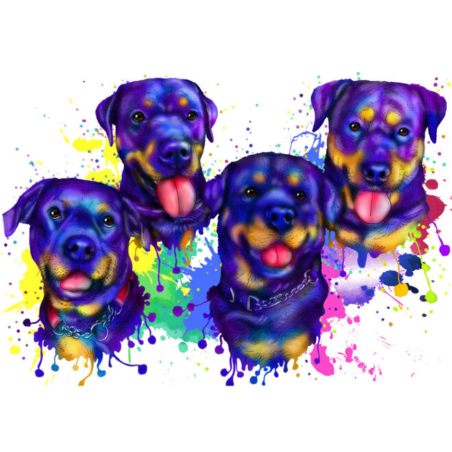 Rottweilerit ryhmämuotokuva akvarellityyli