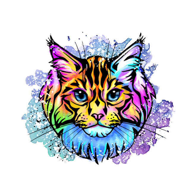 Caricatura colorida del retrato de la acuarela del gato de la foto en estilo artístico
