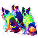 Caricatură de portret de grup de trei câini în acuarele curcubeu, tipul întregului corp