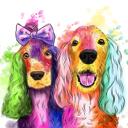 Retrato da caricatura de casal de cães Spaniel em estilo aquarela de néon brilhante das fotos