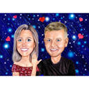 Cadou de caricatură de cuplu de logodnă cu fundal de stele de noapte romantică