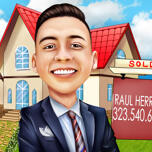 Desenho de caricatura de corretor imobiliário com informações comerciais