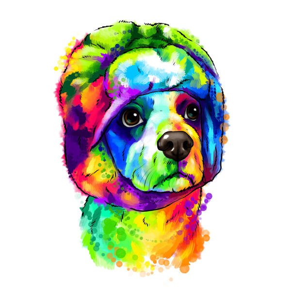 Rolig hund i hatt Karikatyrporträtt i regnbågens akvarellstil handritad från foto