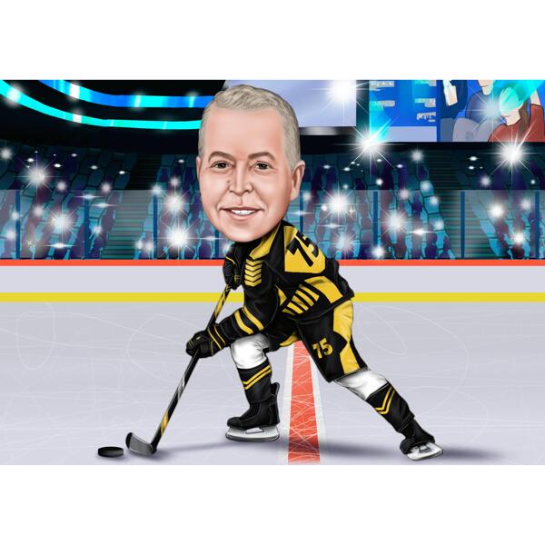 Caricatura de jugador de hockey en estilo de color con fondo de pista de hockey