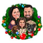 Biglietto d'auguri natalizio con caricatura di famiglia in una ghirlanda festiva