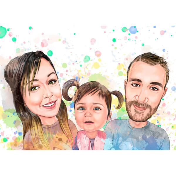 Ritratto di genitori con bambino in stile acquerello pastello