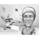 Cadeau de caricature de dentiste en noir et blanc avec arrière-plan