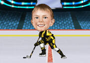 Карикатура хоккеиста в цветном стиле на фоне хоккейной площадки