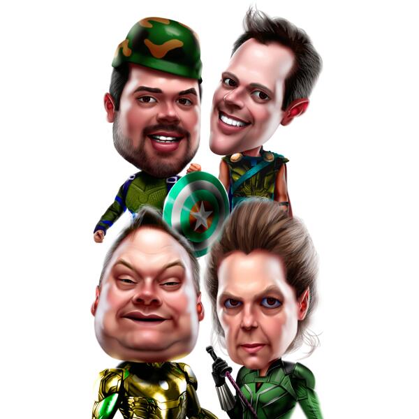 Superhero Exaggerated Group Caricature in Color Style from Photos