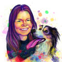 Owner with Border Collie Caricature Portrait from Photos Drawn in Vivid Watercolor Style