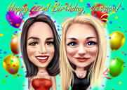 Caricatura di ragazze carine con sfondo colorato come idea regalo di compleanno
