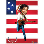 Persona de cuerpo completo personalizada con caricatura de guitarra coloreada sobre fondo de bandera