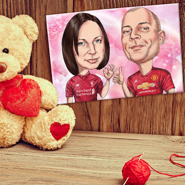 Caricature de couple sportif sur toile pour cadeau de Saint-Valentin personnalisé dessiné à la main à partir de photos